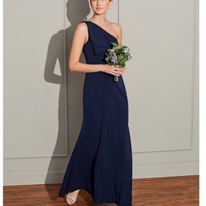 NWOT Eliza J Gown Asymmetrical Gown One Shoulder Navy w/ Crytals at Shoulder 18
